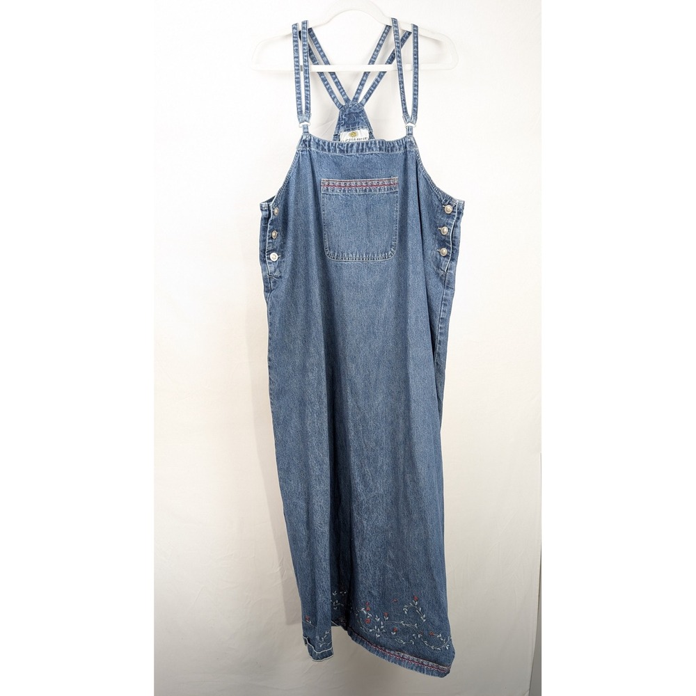 Vintage 90s Floral Embroidered Denim Maxi Dress Size 16 Sleeveless Cottagecore